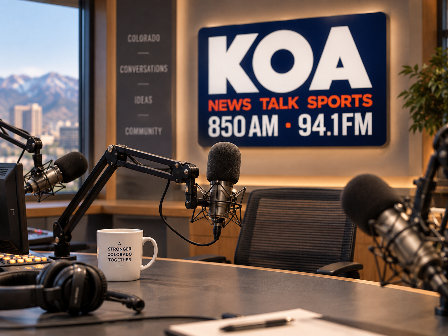 KOA 850 AM radio studio with microphones in front of the station sign